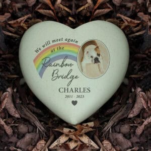 Memorial Rainbow Heart with dog photo and heartfelt message.