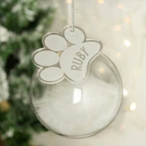 Personalised White Feather Glass Dog Memorial Bauble for pets.