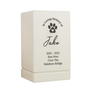 Elegant personalised wooden dog memorial urn for pets.